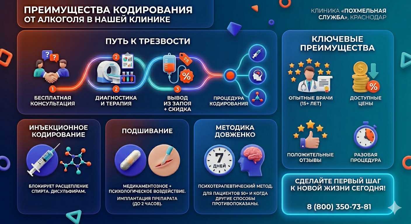Инфографика о методах кодирования от алкоголя в Избербаше: инъекции, подшивание, метод Довженко. Преимущества клиники и этапы лечения.