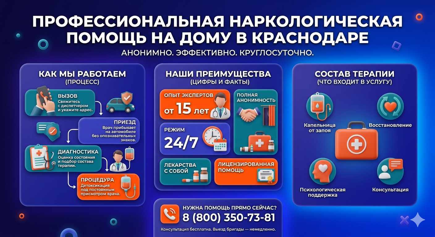 Инфографика о принципах лечения алкоголизма на дому в Избербаше: этапы вызова нарколога, преимущества анонимной детоксикации и состав медицинской помощи.